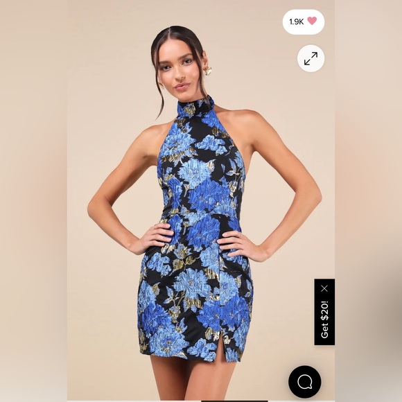 Lulu’s Floral Jacquard Halter Mini Dress - Gold, Blue, and Black - Picture 1 of 6